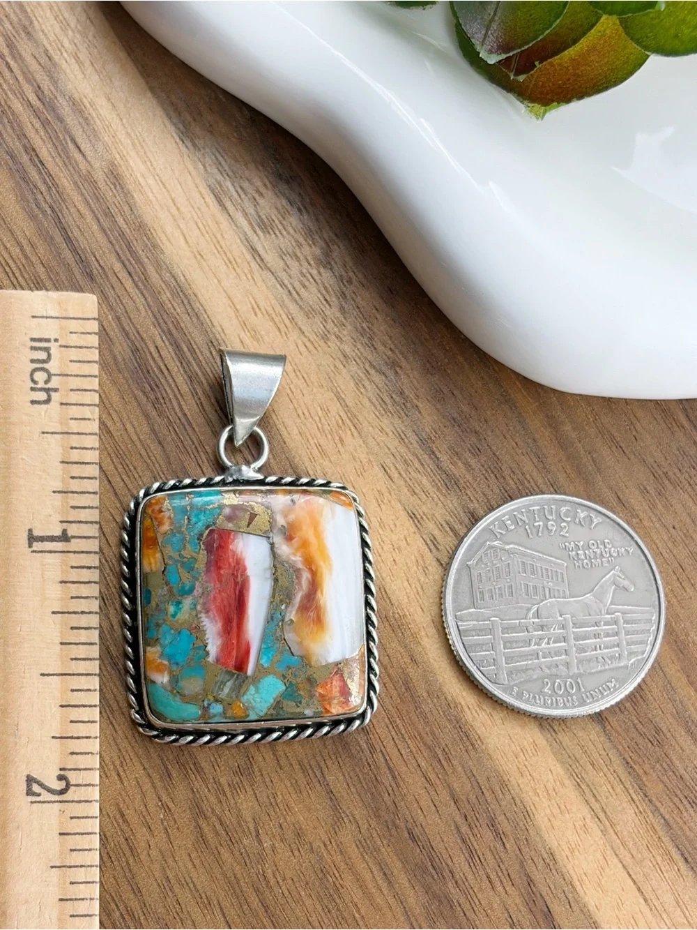 Southwest Square Oyster Turquoise Pendant Sterling Silver 925 Overlay Handmade
